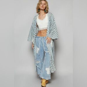 POL Crochet Denim Duster Kimono Light Blue Pockets Boho – Small NWOT